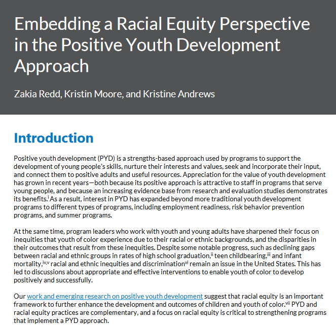 1st page of Embedding Racial equity in PYD brief